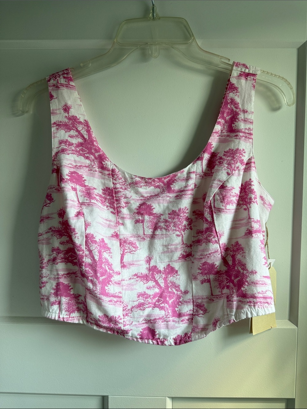 Pink Toile Crop Tank Top with Scoop Neck